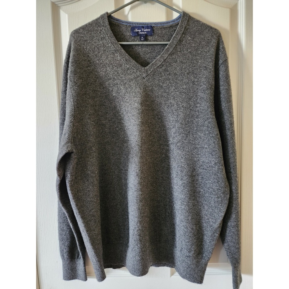 Cremieux Luxury Cashmere V-Neck Sweater Mens XL Grey Quiet Luxury Preppy Office